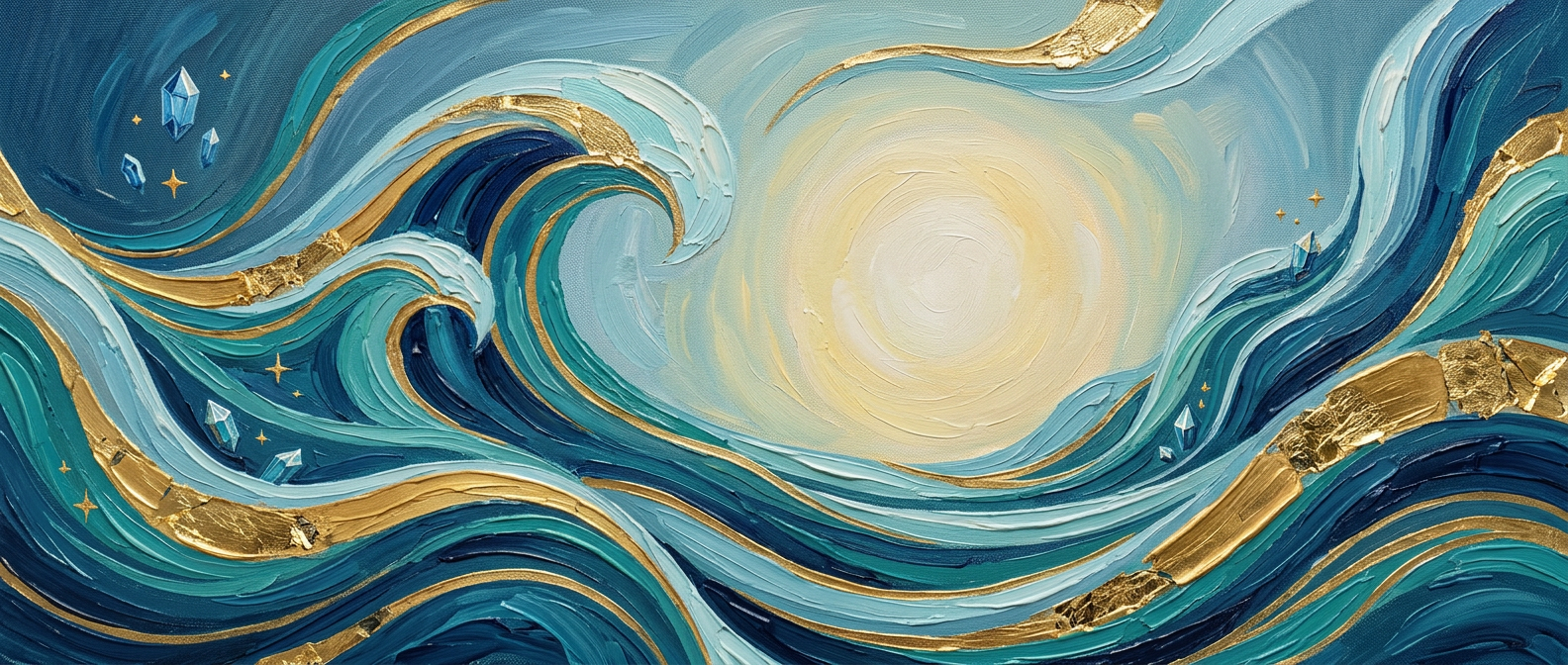 Mystical swirling tree with water and light Swirling tree with flowing water streams, gold accents, and glowing orbs